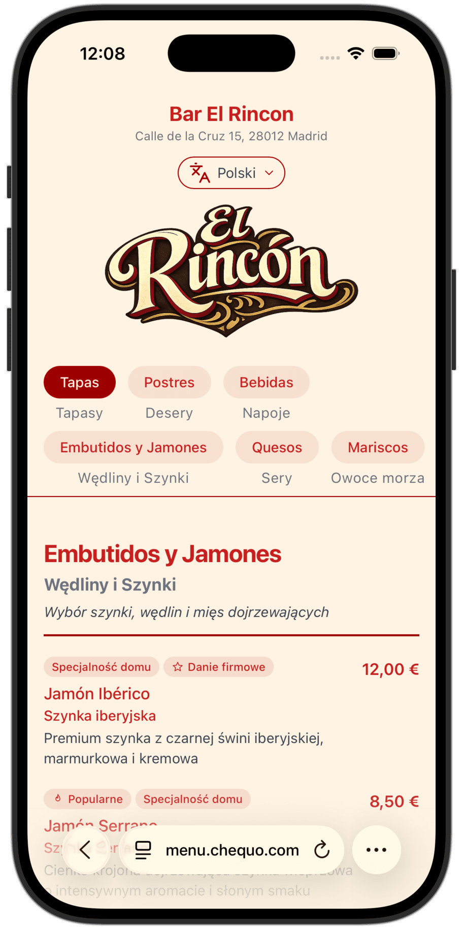 Bar El Rincón QR menu preview