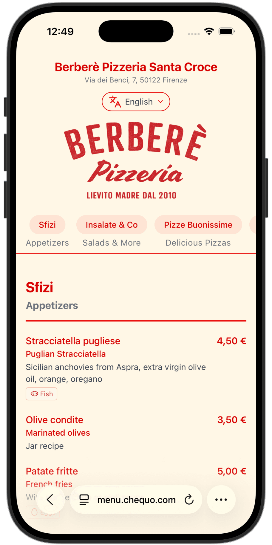Berberè Pizzeria QR menu preview