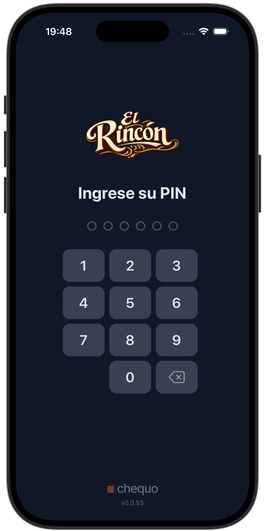 Chequo staff app PIN login screen
